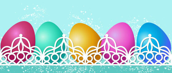 Fototapeta na wymiar Horizontal seamless pattern with colored Easter eggs. Easter border with decorative ribbon. Vector illustration.