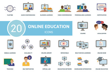 Online Education icon set. Contains editable icons online education theme such as audio conferencing, video conferencing, certification and more.
