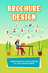 Happy woman chatting with friends online. Laptop, social media, desk flat vector illustration. Network and communication concept for banner, website design or landing web page
