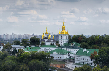 Aerial view of church of the Nativity of the Virgin at Pechersk Lavra Monastery Complex - Kiev, Ukraine 