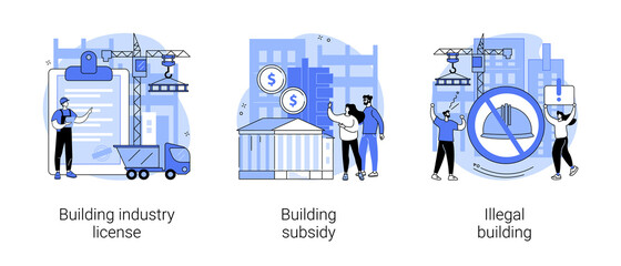 Construction permit abstract concept vector illustration set. Building industry license, government grant and subsidy, illegal construction, home financing, new house, demolition abstract metaphor.