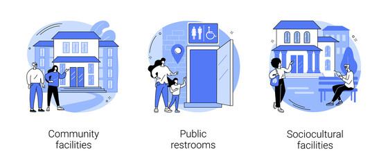 Public places abstract concept vector illustration set. Community facilities, public restrooms, sociocultural infrastructure, cleaning and hygiene, health centre, school building abstract metaphor.
