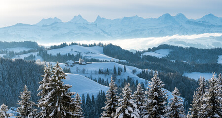 remote traditional farm house in the hills of Emmental in winter