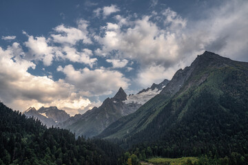 Magnificent view of the mountain valley at sunset. Landscape wallpaper