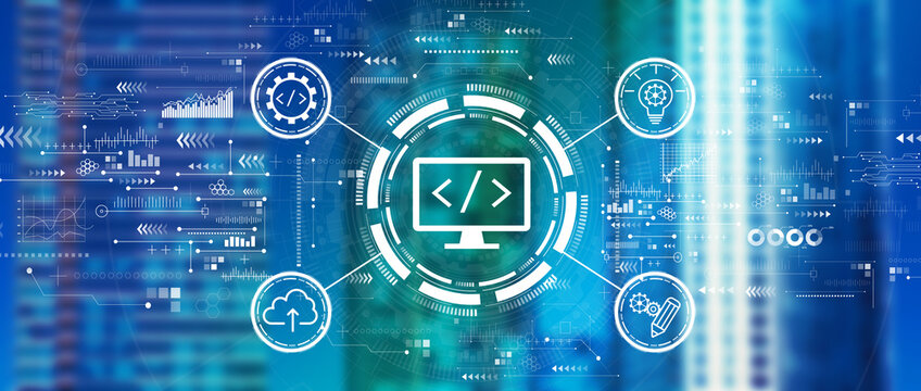 Web development concept with downtown skyline buildings
