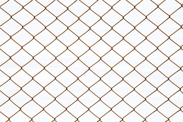 Metal fence background, real fence close-up and texture on the white sky background