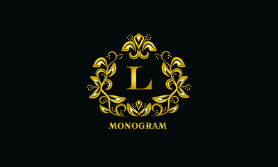 Stylish design for invitations, menus, labels. Elegant gold monogram on a dark background with the letter L. The logo is identical for a restaurant, hotel, heraldry, jewelry.