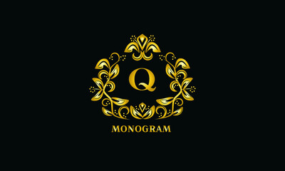 Stylish design for invitations, menus, labels. Elegant gold monogram on a dark background with the letter Q. The logo is identical for a restaurant, hotel, heraldry, jewelry.