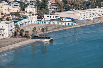 Fototapeta na wymiar aerial view of the shoreline of poetto beach with buildings - Cagliari - Sardinia - Italy.