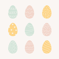 Happy easter. Set of Easter eggs with different textures on a white background. Spring holiday. Set of Easter eggs with geometric and floral patterns. Vector illustration