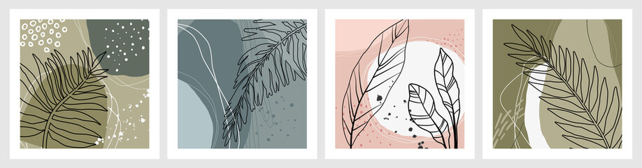 Set of vector hand drawn artistic summer postcards with tropical palm leaves, organic shapes and textures.