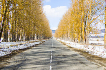 Highway and road landscape and view, winter snow and sunlight