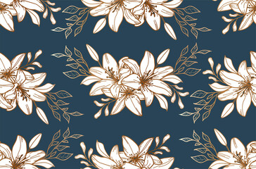 Seamless pattern with golden lilies. Flower background. Textile. Fabric pattern.