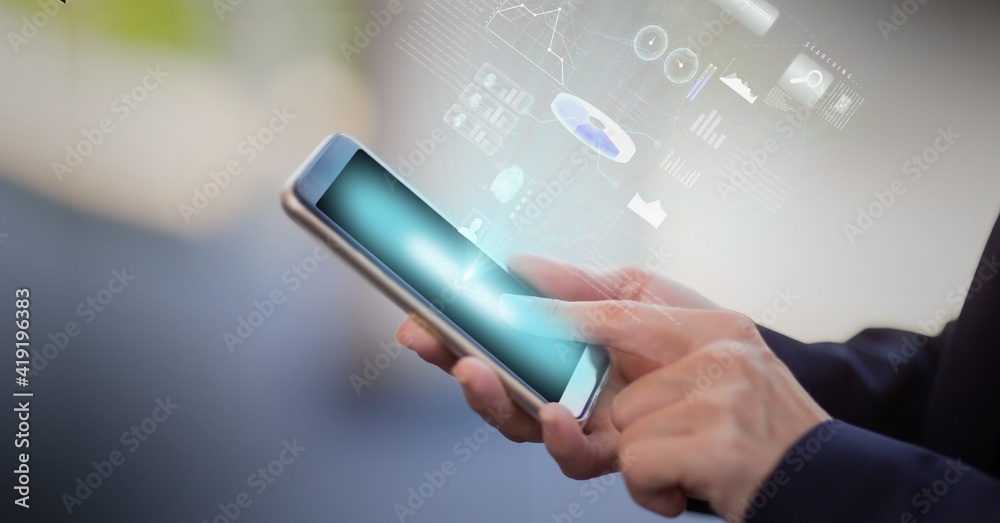 Poster digital interface with data processing over person using smartphone