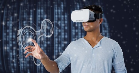 Digital interface with data processing against man using vr headset