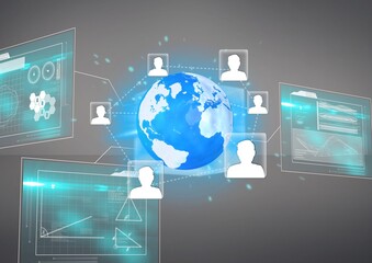 Network of profile icons against globe on grey background