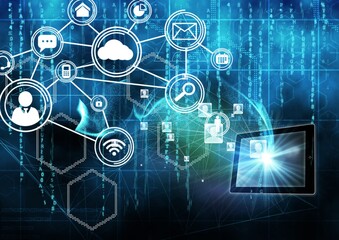 Obraz premium Network of digital icons over digital tablet against blue background