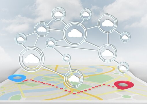 Network of cloud icons over map against clouds in blue sky