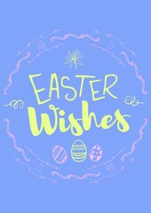 Easter wishes text in pink frame and yellow decorations on blue background