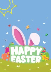 Happy easter text with easter bunny ears and butterflies on blue background