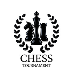 Chess tournament emblem. Chess Pieces King, Knight, Rook with a wreath. Vector illustration isolated on white.