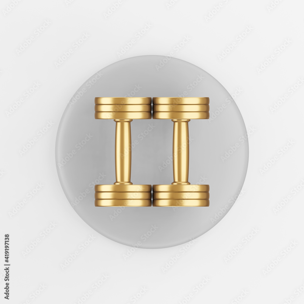 Poster Top view golden dumbbells icon. 3d rendering gray round key button, interface ui ux element.