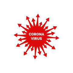Illustration of red shape coronavirus with pointed ends. World epidemic danger. Covid-19 concept. Pandemic risk. Danger symbol. Health care concept. Attention symbol isolated on white background