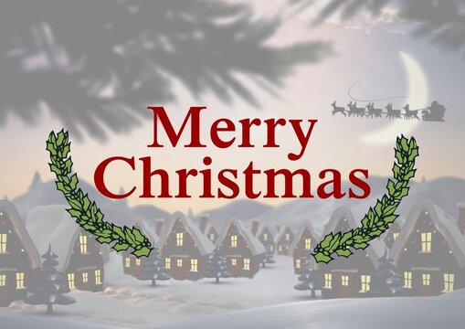 Merry christmas text with green decoration over winter scenery and santa claus with reindeer