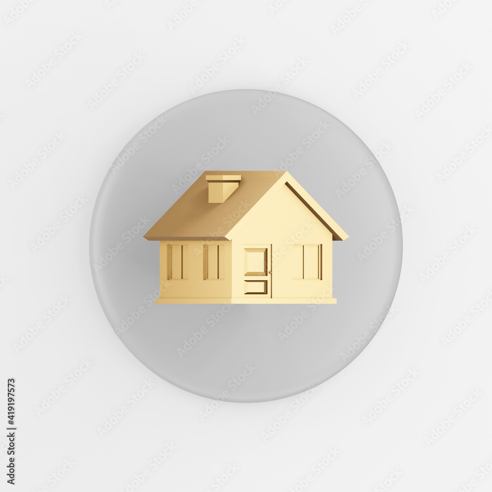 Poster golden house icon. 3d rendering gray round key button, interface ui ux element.