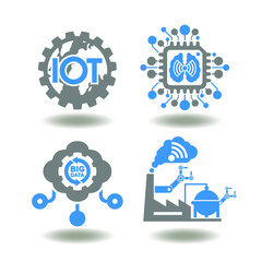 IoT AI Big Data Cloud Technology Symbol. Gear with globe and IoT, circuit with brain and wireless signal, cloud computing with big data and network, industry 4.0 automation factory vector icon set.