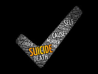 Suicide check mark word cloud collage, concept background