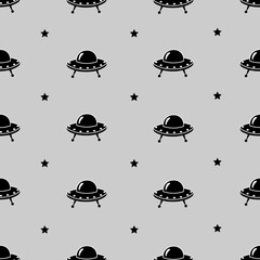 Seamless vector pattern with ufo, spaceship. Unknown Flying Object.