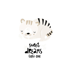Child illustration with cute sleeping tiger and hand drawn text. Vector funny animal for baby graphic suit printing. Kid print with lettering - sweet dreams little one. Greeting card design.