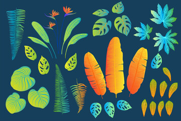 Neon tropical leaves of palm trees, monstera, fern and other plants. Vector color sketch on a blue background. Ultraviolet blue, turquoise, orange