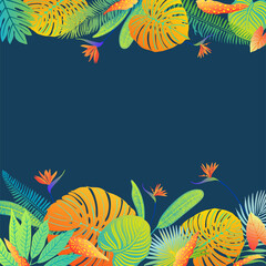 Fototapeta na wymiar Neon tropical leaves of palm trees, monstera, fern and other plants. Vector color sketch on a blue background. Ultraviolet blue, turquoise, orange