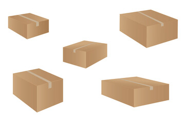 Realistic cardboard box mockup set from side, front and top view open and closed isolated on white background.