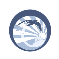 seagull flying against sun rays and cloud - aquatic wildlife circle vector emblem design