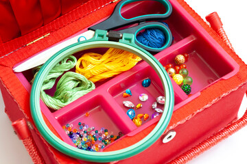 Creativity and hobbies, embroidery and sewing, scissors, thread and embroidery frame, beads,...