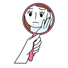 鏡を手に肌荒れを気にする女性