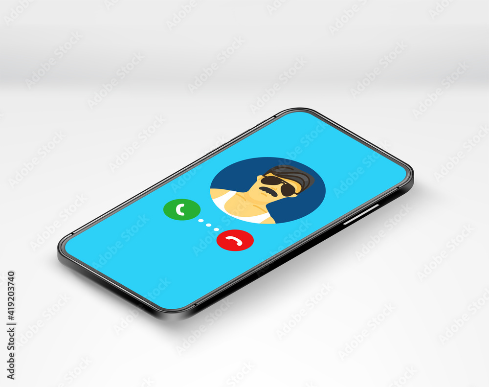 Poster calling on the phone. smartphone with calling man. isometric vector illustration