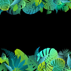Fototapeta na wymiar Neon green tropical leaves of palm trees, monstera, fern and other plants. Vector color sketch on a black background. Ultraviolet blue, turquoise