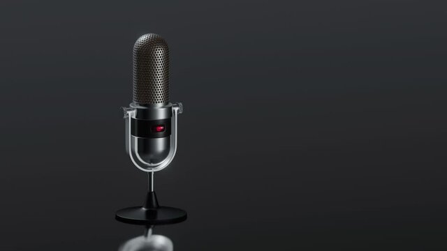 Vintage microphone rotating on a dark glossy background. 4K video 3D render animation