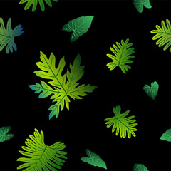 Pattern vector green neon tropical leaves of palm, monstera, fern. Plants on a black background.