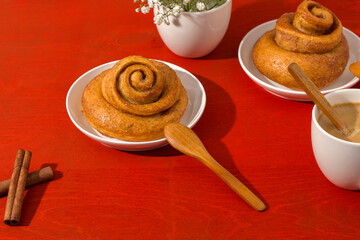 Freshly baked cinnamon bun stuffed with spices and cocoa on a red table with a hard shadow. Sweet homemade cakes.