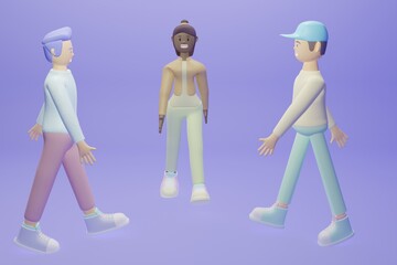 3D character illustration of 3 people doing a street scene.