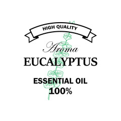 Eucalyptus essential oil logo with hand drawn element isolated on white background. Vector illustration in vintage style