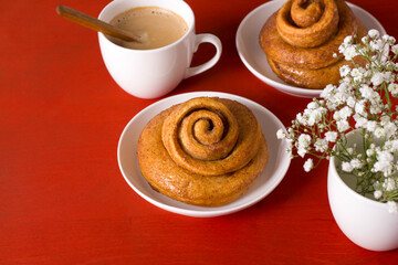 Freshly baked cinnamon bun stuffed with spices and cocoa on a red table with a hard shadow. Sweet homemade cakes.