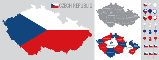 Czech Republic vector map with flag, globe and icons on white background