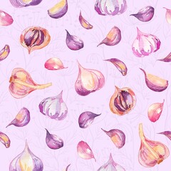 Watercolor and ink garlic pattern on purple. Seamless pattern with freshly aromatic clove of garlic. Colorfull background for textile, wallpapers, print and banners.