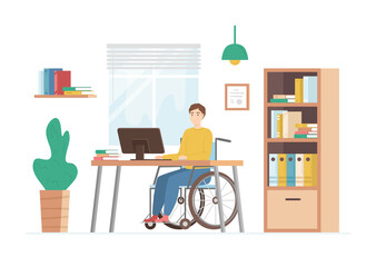 Cartoon Color Character Disabled Person Working on Computer Desk Concept. Vector